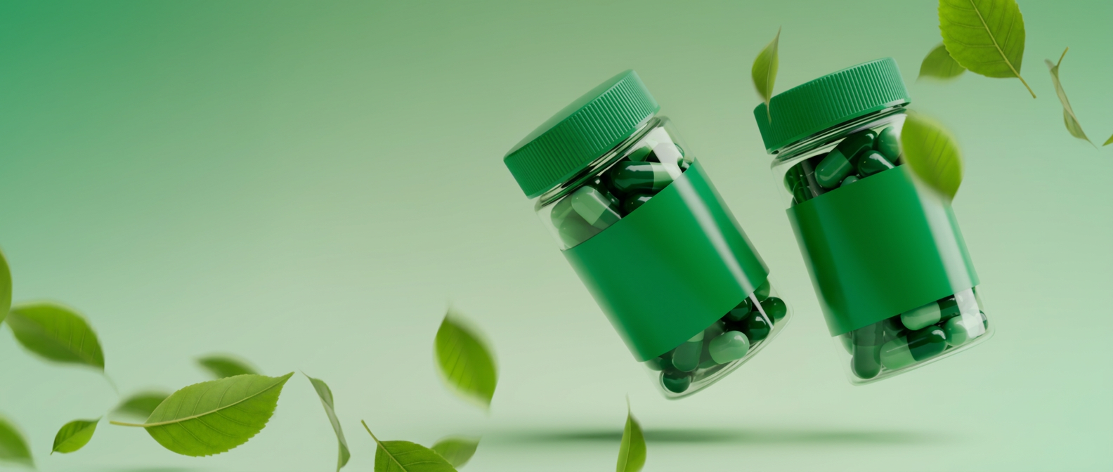 Frascos verdes entre folhas
